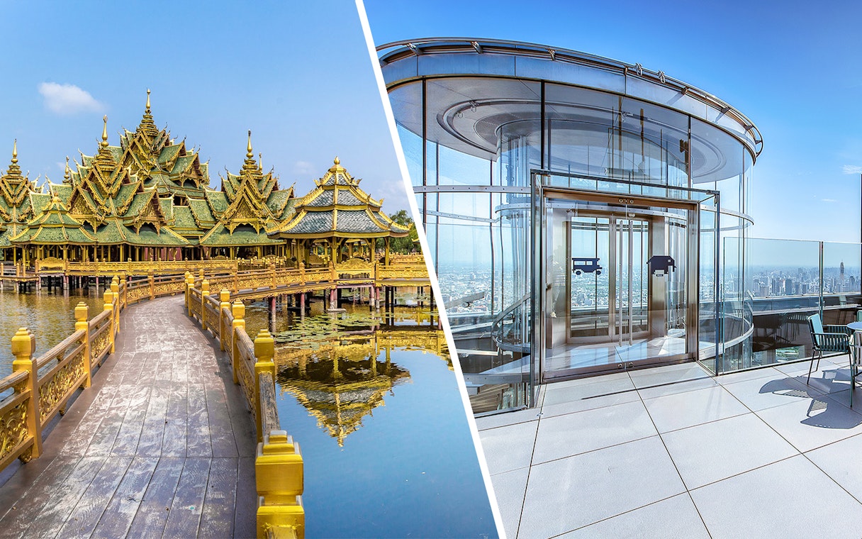 Ancient City pavilion and Mahanakhon SkyWalk observation deck in Bangkok, Thailand.