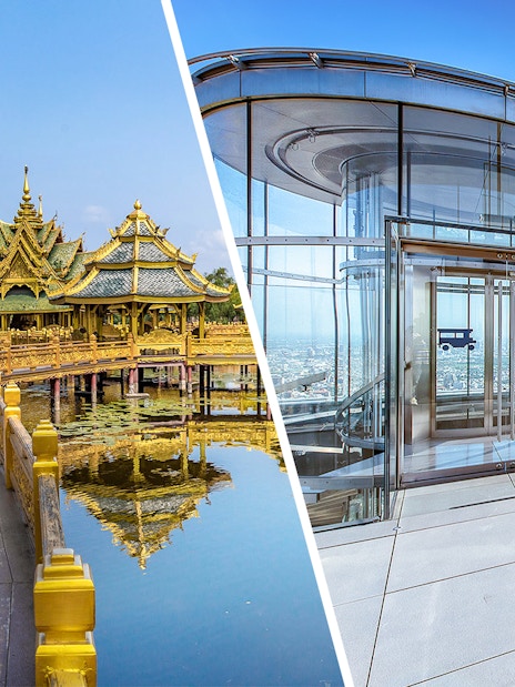 Ancient City pavilion and Mahanakhon SkyWalk observation deck in Bangkok, Thailand.