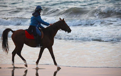 Horseback rider on Tangier beach, Mnar region, with ocean waves in the background.