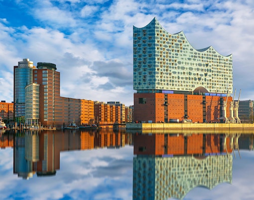Elbphilharmonie concert hall by the river in Hamburg, Germany.