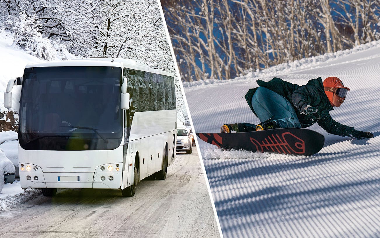 Bus transfer from Sapporo to Rusutsu and snowboarder on ski slope.