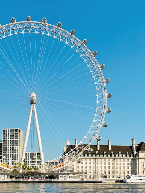 London Eye and River Thames on a sunny day, part of BigBus London tour.