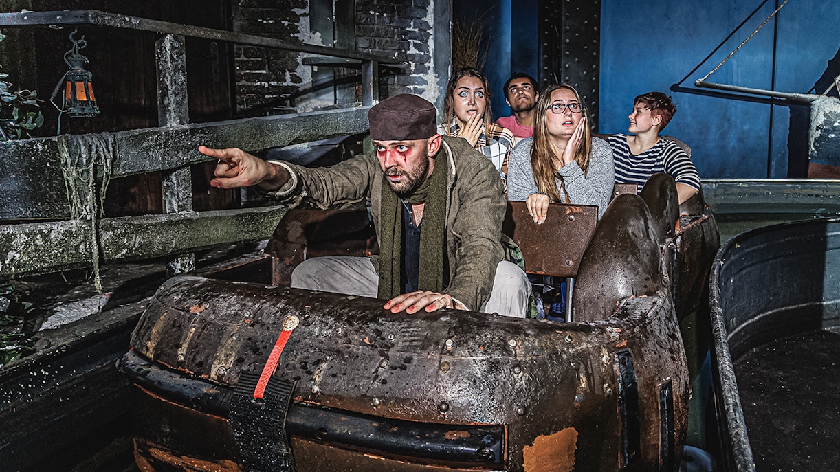 Visitors on a boat ride at London Dungeon, part of Harry Potter Warner Bros. Studio Tour combo.