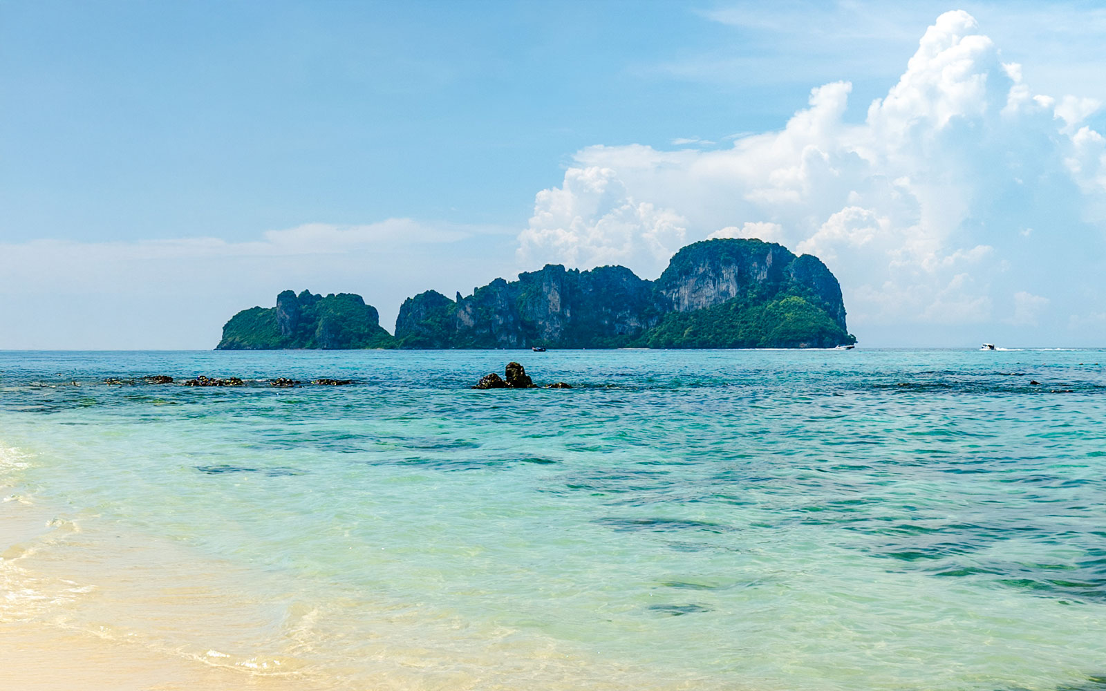 Phi Phi Leh island view from beach, sunny day, Thailand.