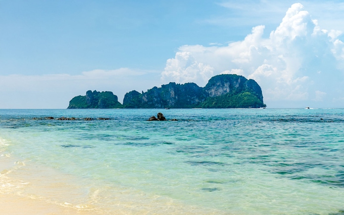 Phi Phi Leh island view from beach, sunny day, Thailand.