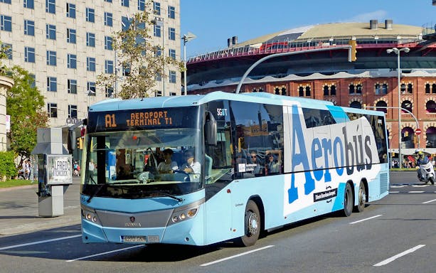 Aerobús in Barcelona city center heading to airport terminal.
