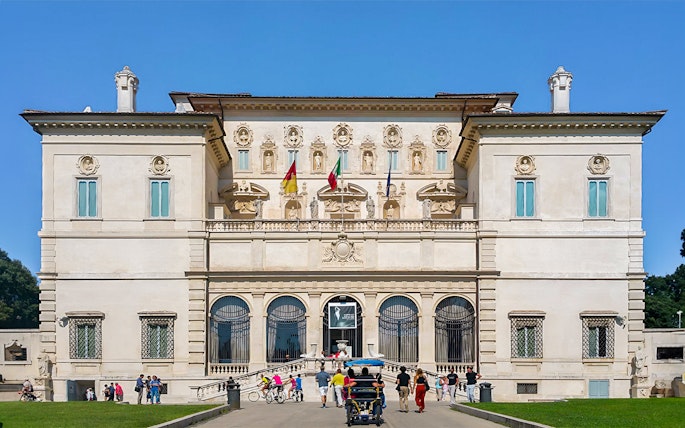 Borghese Gallery entrance with visitors, Rome, Italy.