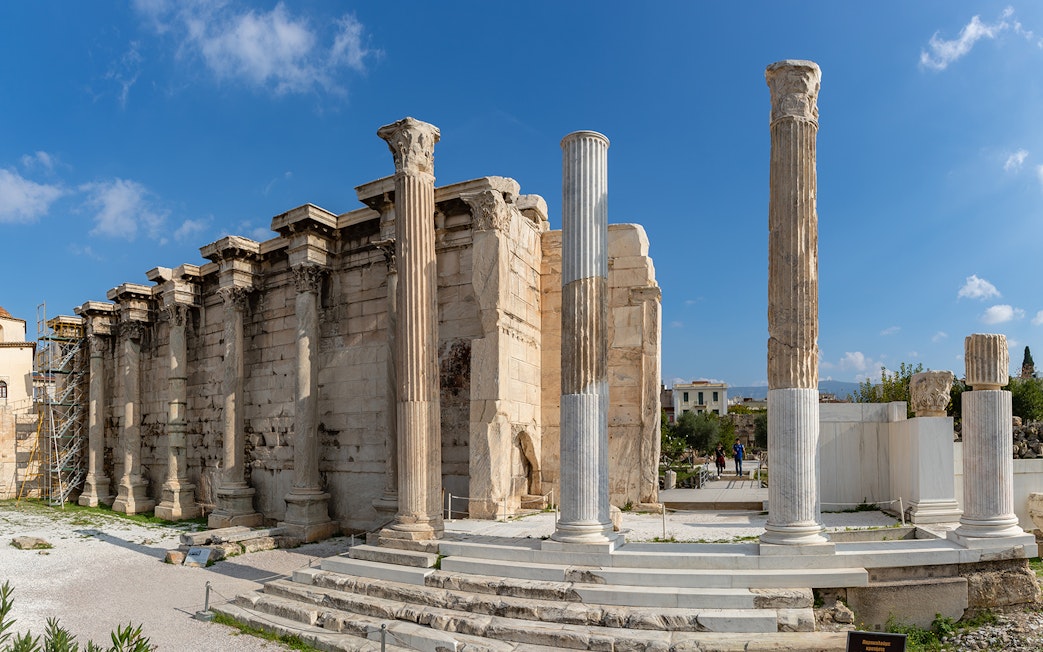 Ancient columns and ruins of Hadrian's Library in Athens, Greece.