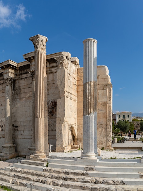 Ancient columns and ruins of Hadrian's Library in Athens, Greece.
