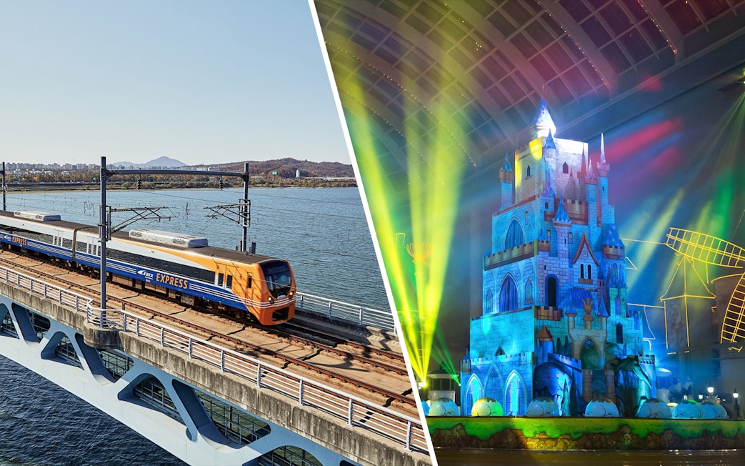 AREX Incheon Airport Express Train on bridge and illuminated castle at Lotte World, Korea.