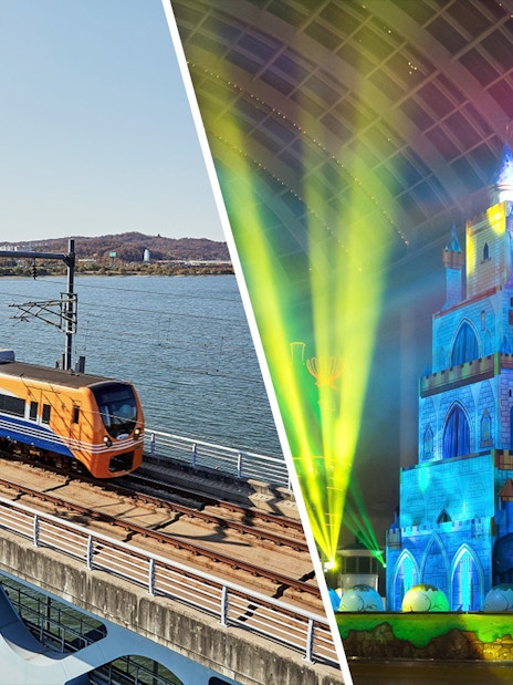 AREX Incheon Airport Express Train on bridge and illuminated castle at Lotte World, Korea.