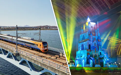 AREX Incheon Airport Express Train on bridge and illuminated castle at Lotte World, Korea.