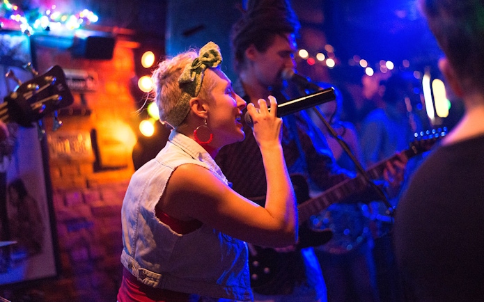 Singer performing at Reduta Jazz Club, Prague.