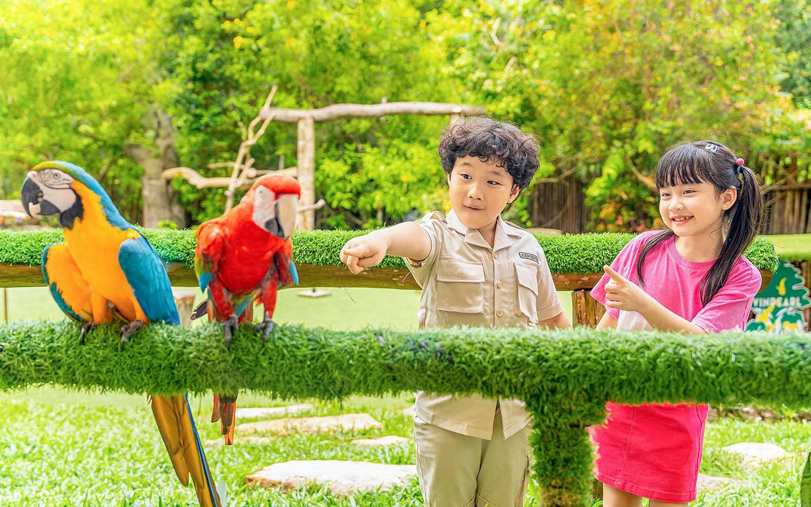 Kids interacting with colorful parrots at Vinpearl.