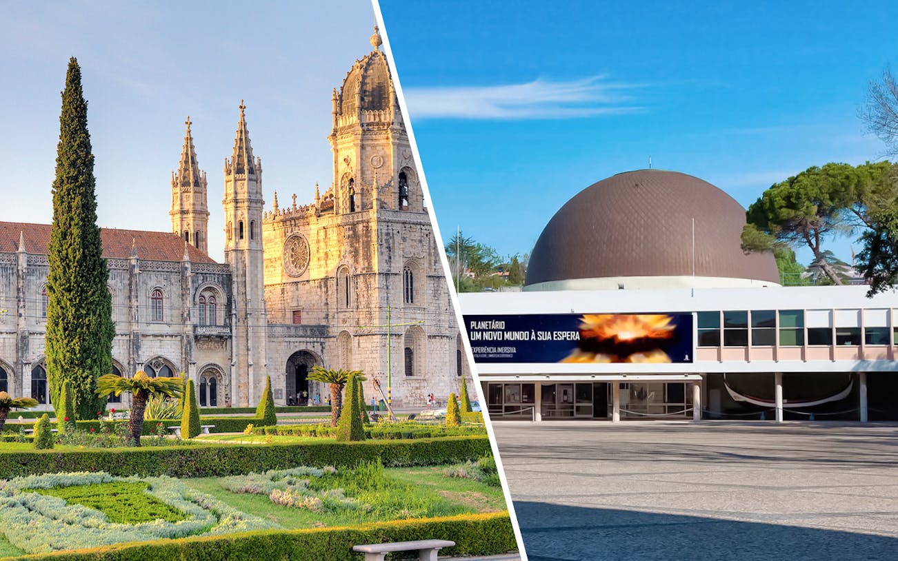 Jerónimos Monastery and Navy Planetarium in Lisbon, Portugal.