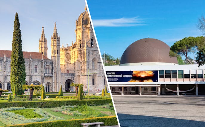 Jerónimos Monastery and Navy Planetarium in Lisbon, Portugal.