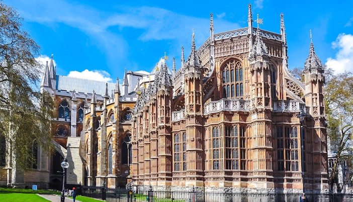 Westminster Abbey's intricate Gothic architecture in London.