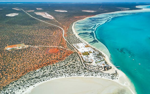 Aerial view of coastline and desert landscape on Outback Coast Tour.