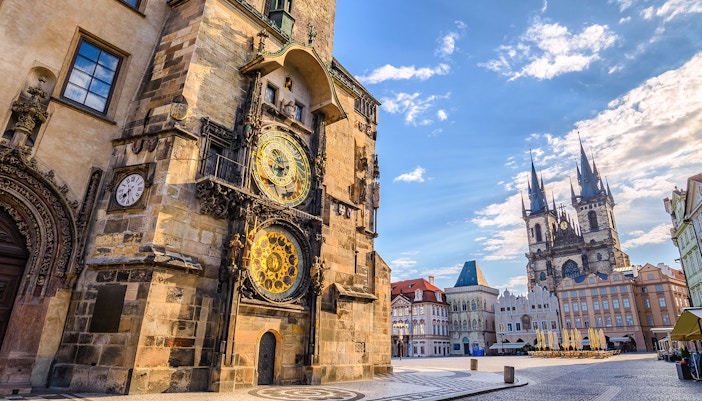 Astronomical clock tower from ant's eye view on a sunny day