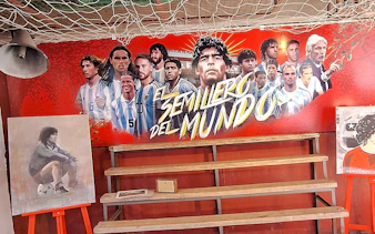 Mural of famous Argentine footballers at Argentinos Juniors stadium, Buenos Aires.
