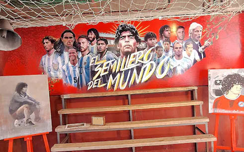 Mural of famous Argentine footballers at Argentinos Juniors stadium, Buenos Aires.