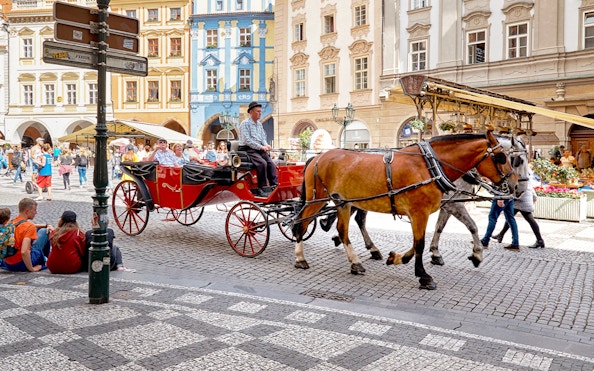 Horse-drawn carriage in Prague's Old Town Square during a city tour.