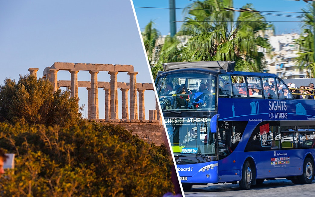 Temple of Poseidon at sunset and Athens hop-on hop-off bus tour.