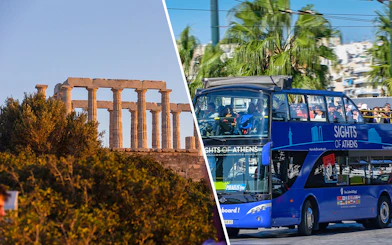 Temple of Poseidon at sunset and Athens hop-on hop-off bus tour.