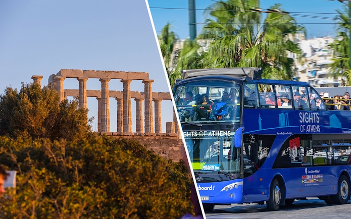 Temple of Poseidon at sunset and Athens hop-on hop-off bus tour.