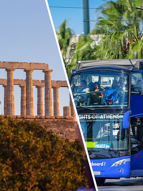 Temple of Poseidon at sunset and Athens hop-on hop-off bus tour.