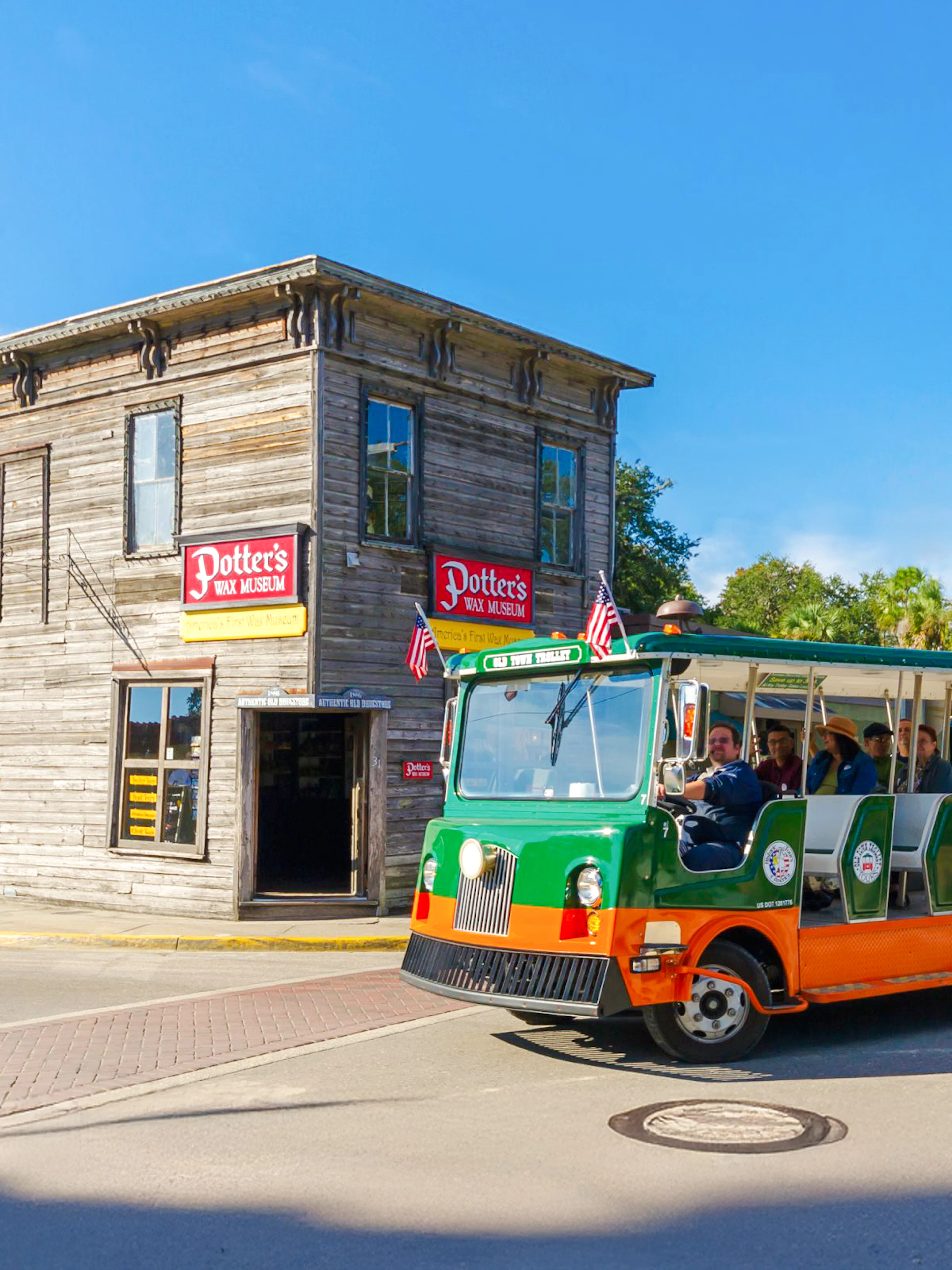 Old Town Trolley in front of Potters Wax Museum, St. Augustine.