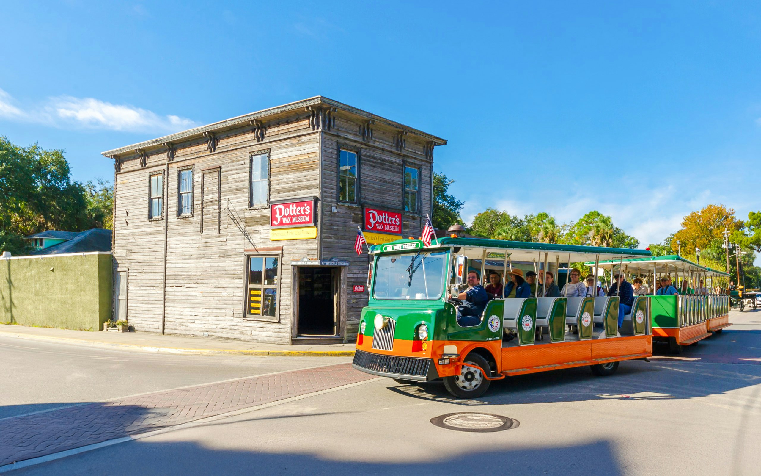 Old Town Trolley in front of Potters Wax Museum, St. Augustine.