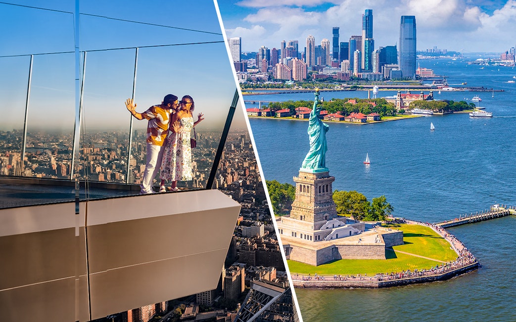 Couple enjoying view at Edge Observation Deck, New York City skyline; Statue of Liberty with ferry.