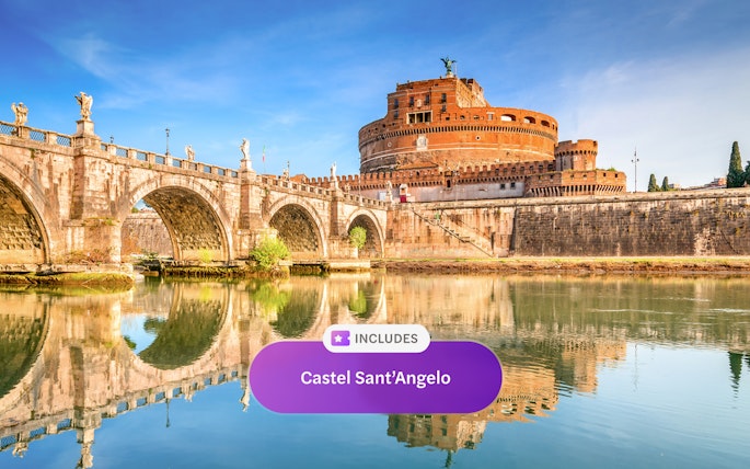 Castel Sant'Angelo and Ponte Sant'Angelo reflected in the Tiber River, Rome.