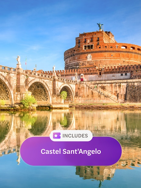 Castel Sant'Angelo and Ponte Sant'Angelo reflected in the Tiber River, Rome.