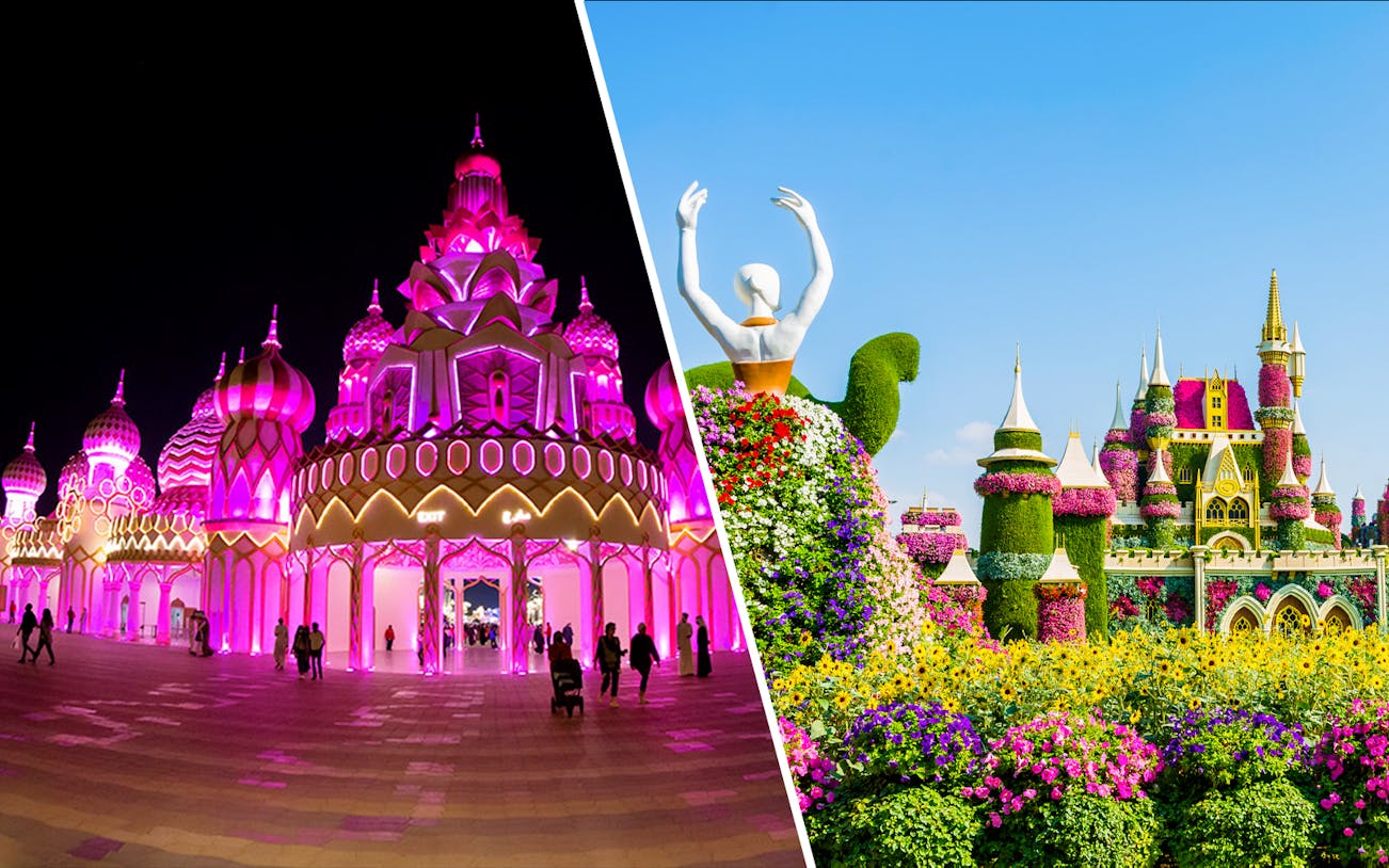 Global Village Dubai illuminated at night and Dubai Miracle Garden with floral displays.