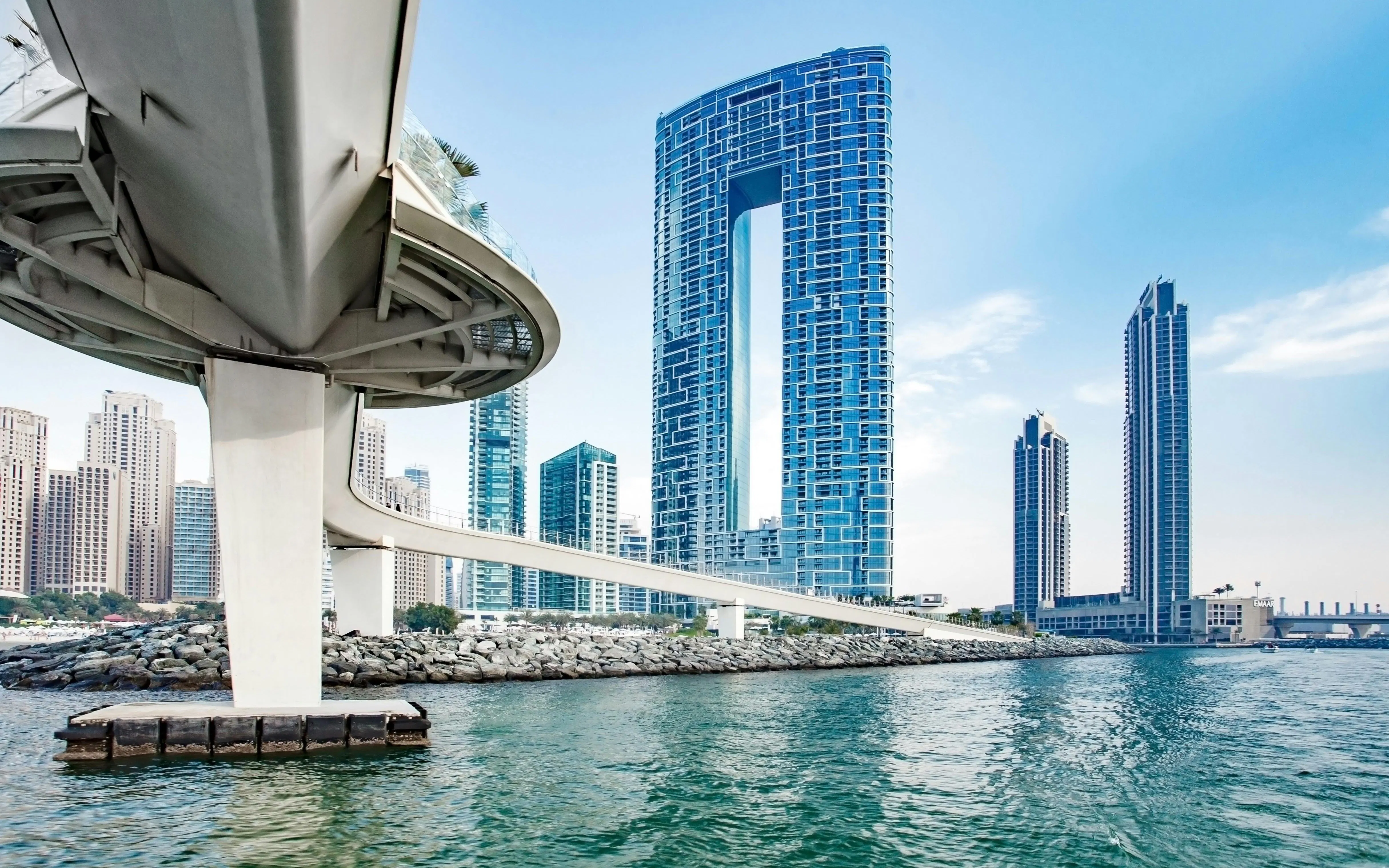 Dubai Marina Address Beach Resort view from Bluewaters pedestrian bridge, Dubai, UAE.