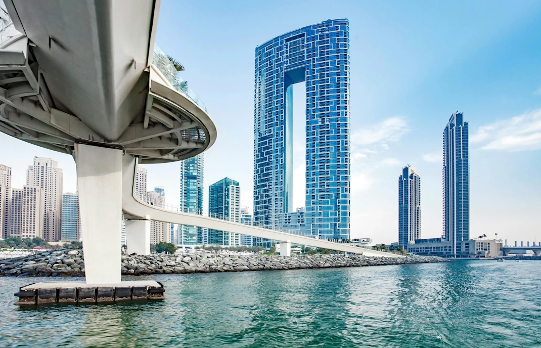 Dubai Marina Address Beach Resort view from Bluewaters pedestrian bridge, Dubai, UAE.