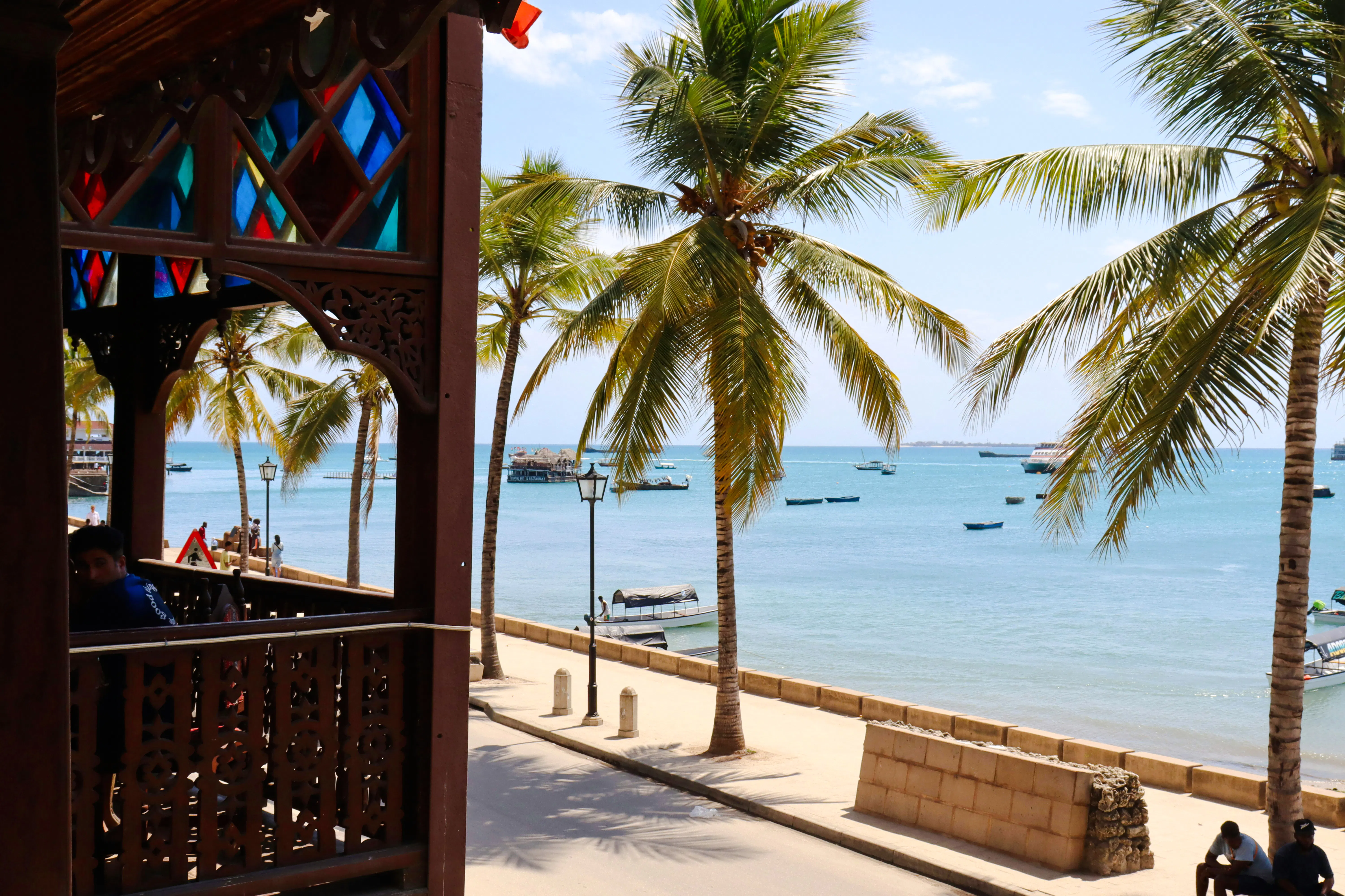 Stone Town waterfront with palm trees and boats in Zanzibar.