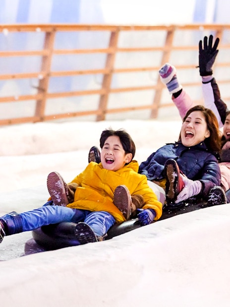 Guests sledding inside Singapore Snow City.