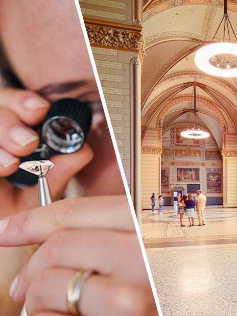 Guest examining diamond at Royal Coster Diamond Experience, Amsterdam; Rijksmuseum interior.