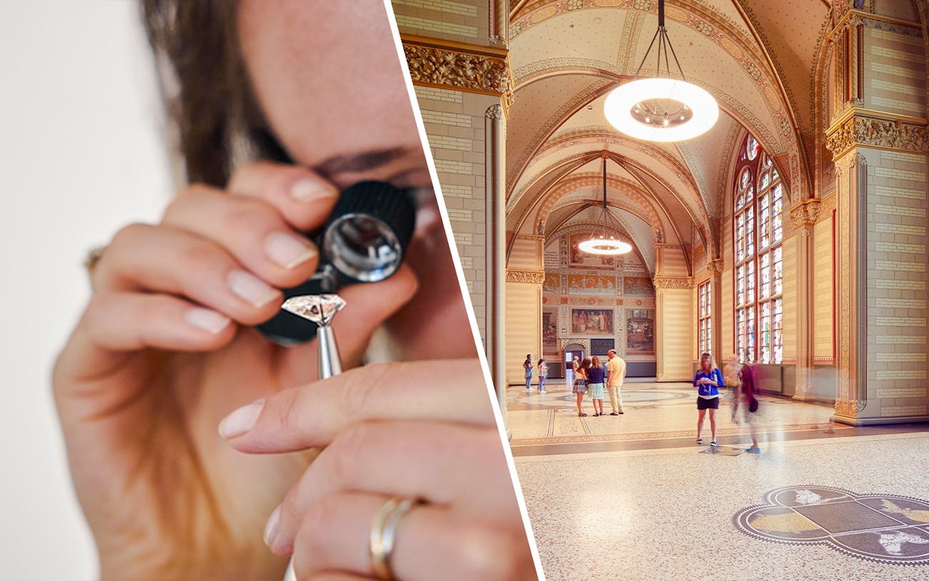 Guest examining diamond at Royal Coster Diamond Experience, Amsterdam; Rijksmuseum interior.