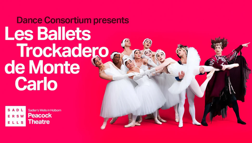 Les Ballets Trockadero de Monte Carlo dancers in white tutus at Peacock Theatre.