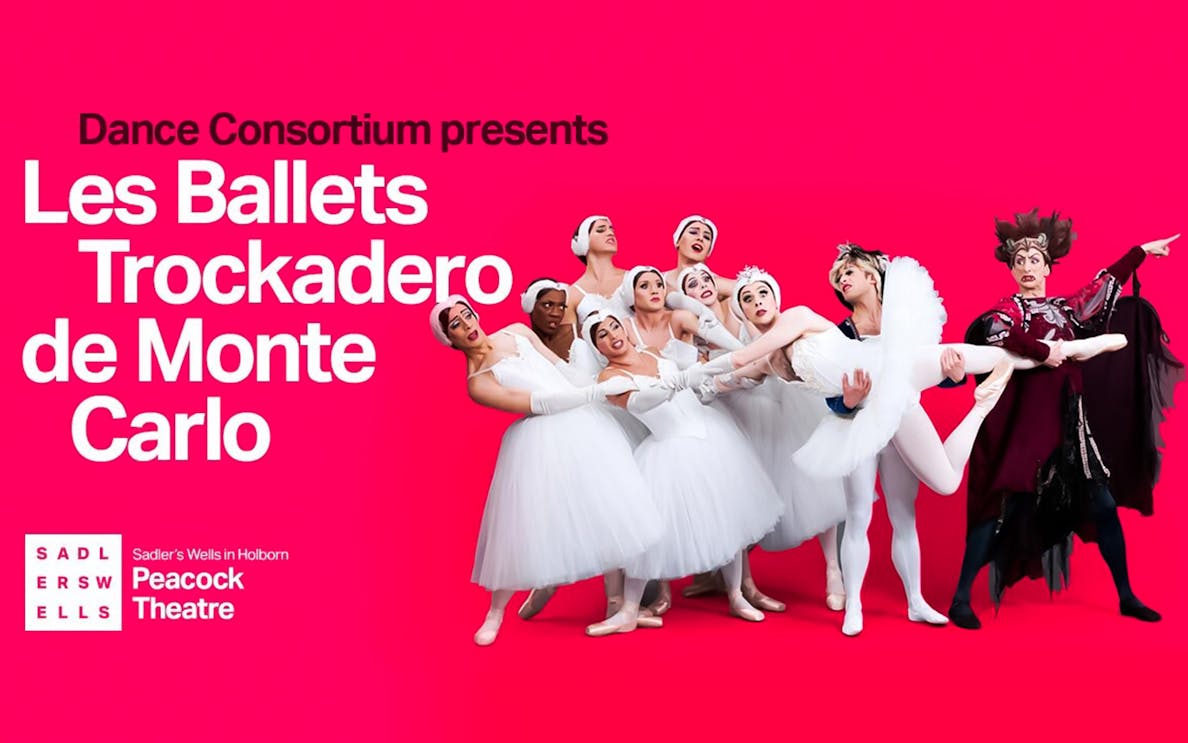 Les Ballets Trockadero de Monte Carlo dancers in white tutus at Peacock Theatre.