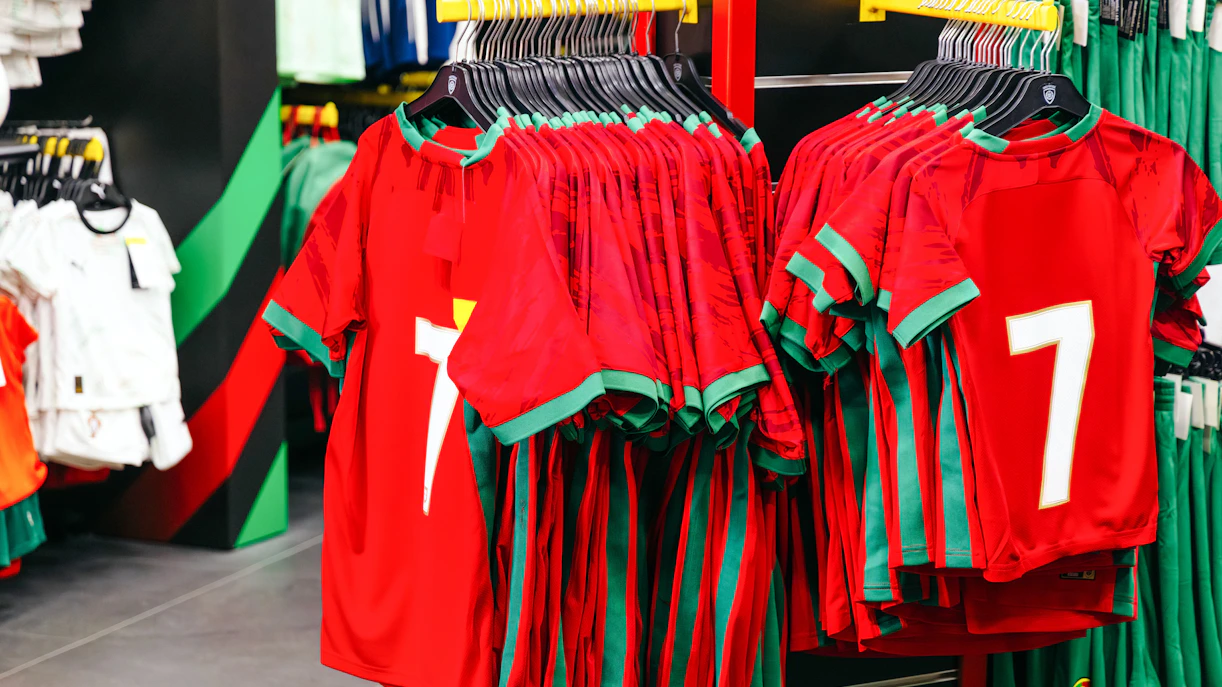 Red and green jerseys with number 7 displayed at Groupama Stadium Store.