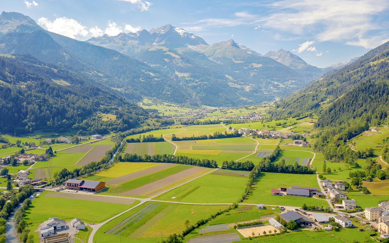 Poschiavo valley, Switzerland, aerial view of the village of Le Prese