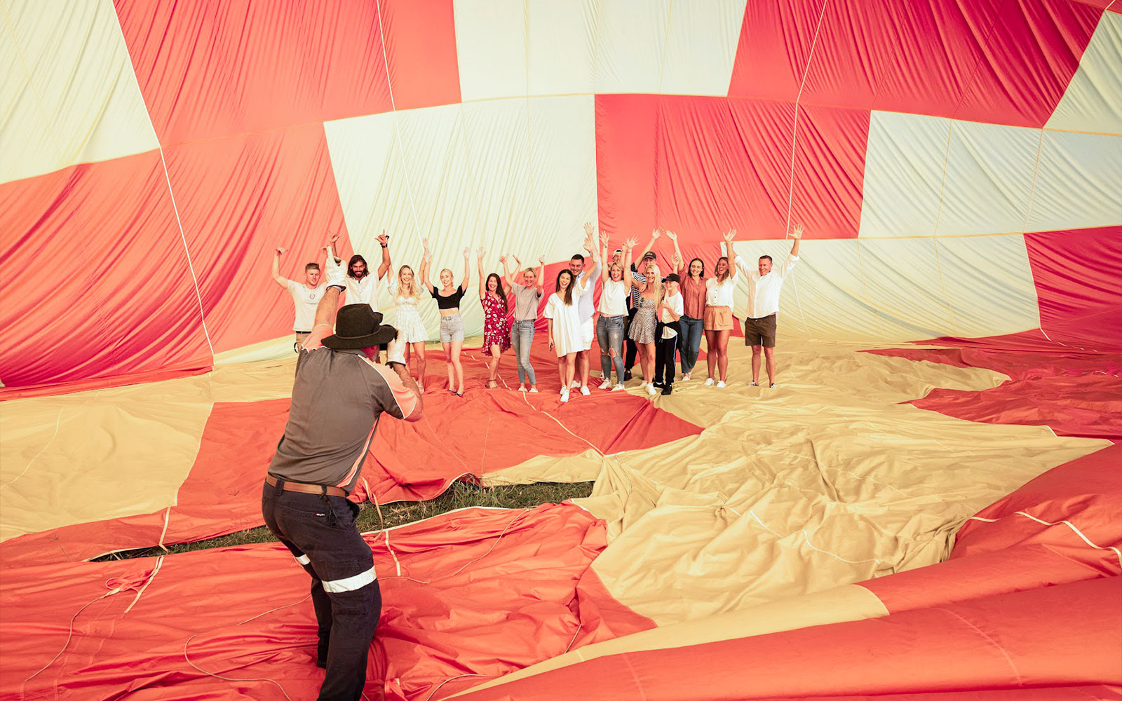 Group inside a hot air balloon during Brisbane Classic Ballooning tour.