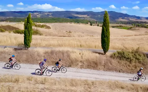 Cyclists on e-bikes ride through Chianti countryside near Florence, flanked by cypress trees.