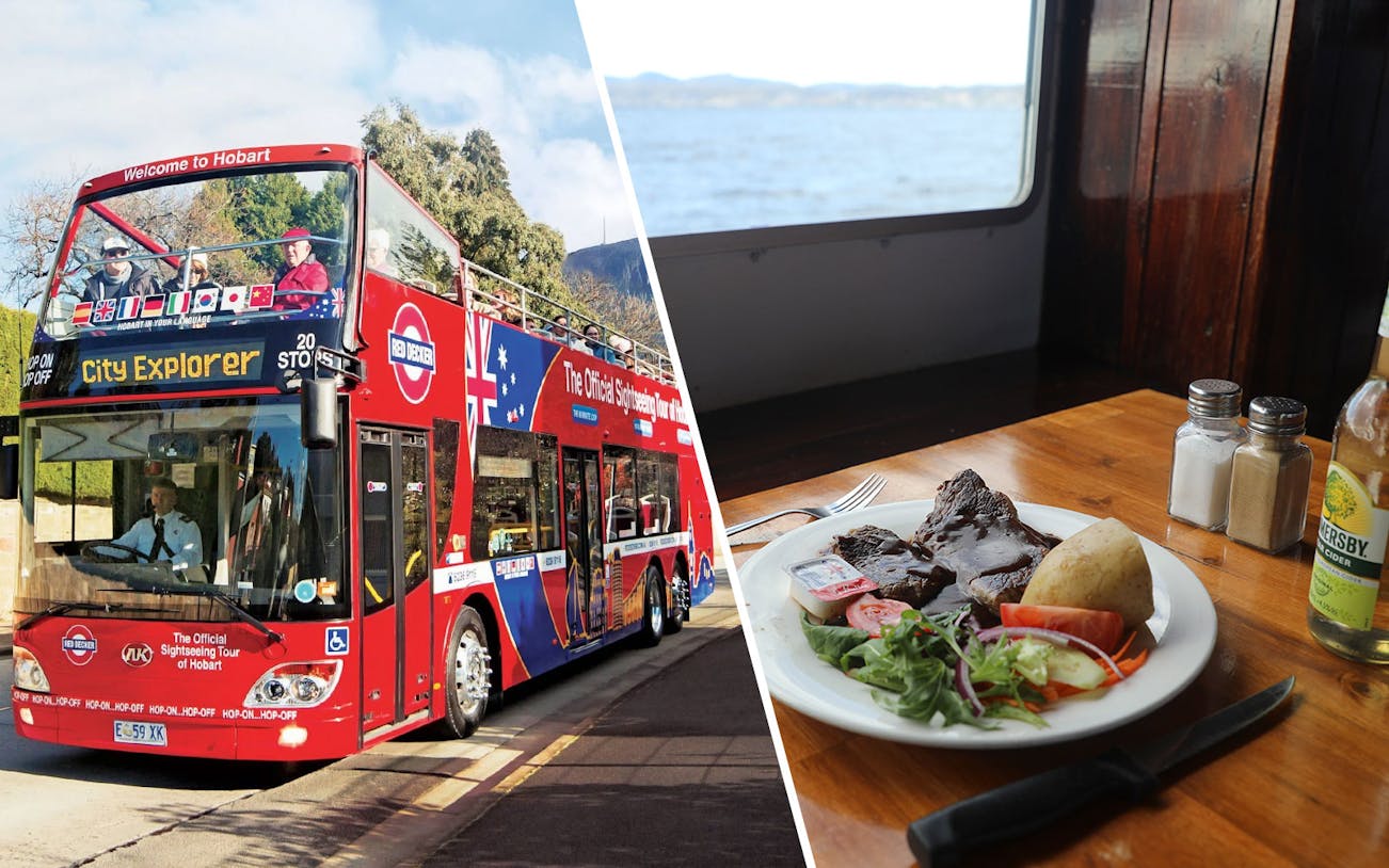 Hobart City Explorer bus and lunch cruise meal with scenic view.