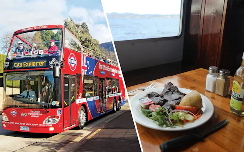 Hobart City Explorer bus and lunch cruise meal with scenic view.